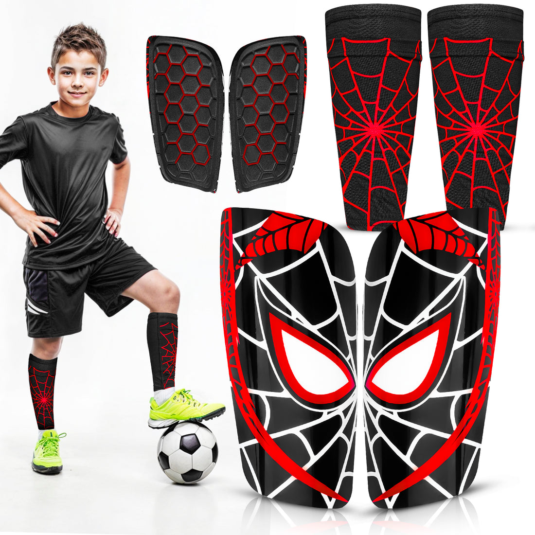 Football Shin Guards Bundle – 2 Pairs with Matching Sleeves for Kids & Youth