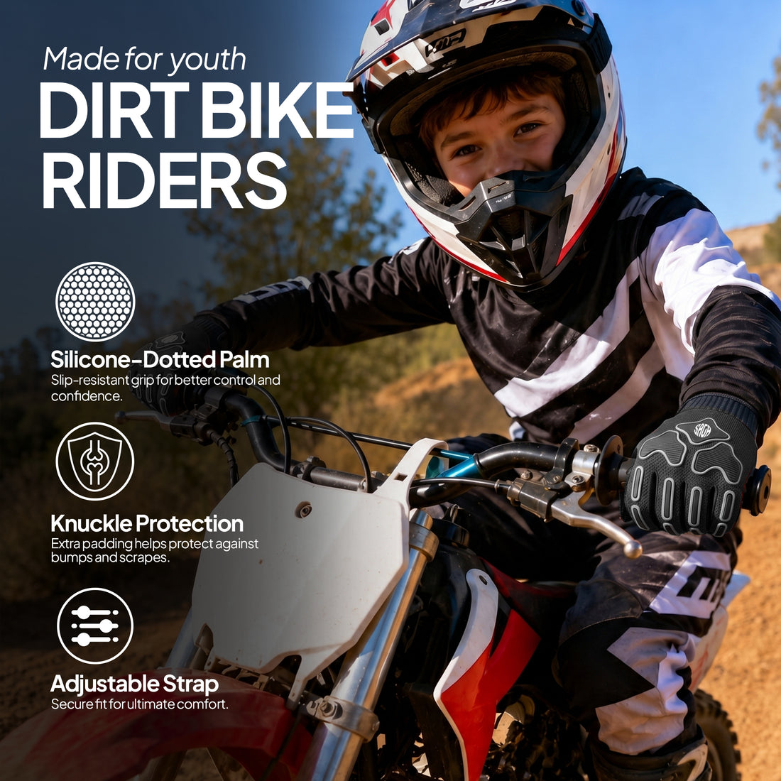 Kids Dirt Bike Gloves – Youth Motocross BMX Riding Gloves for Boys Girls - Kids Ages 3-12