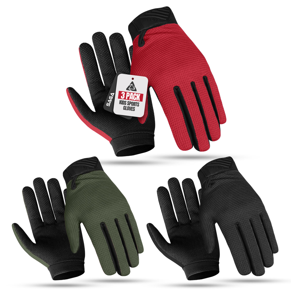 3-Pack Kids Full-Finger Cycling Gloves – Non-Slip Bike Gloves for Boys & Girls | BMX, MTB & Scooter Riding
